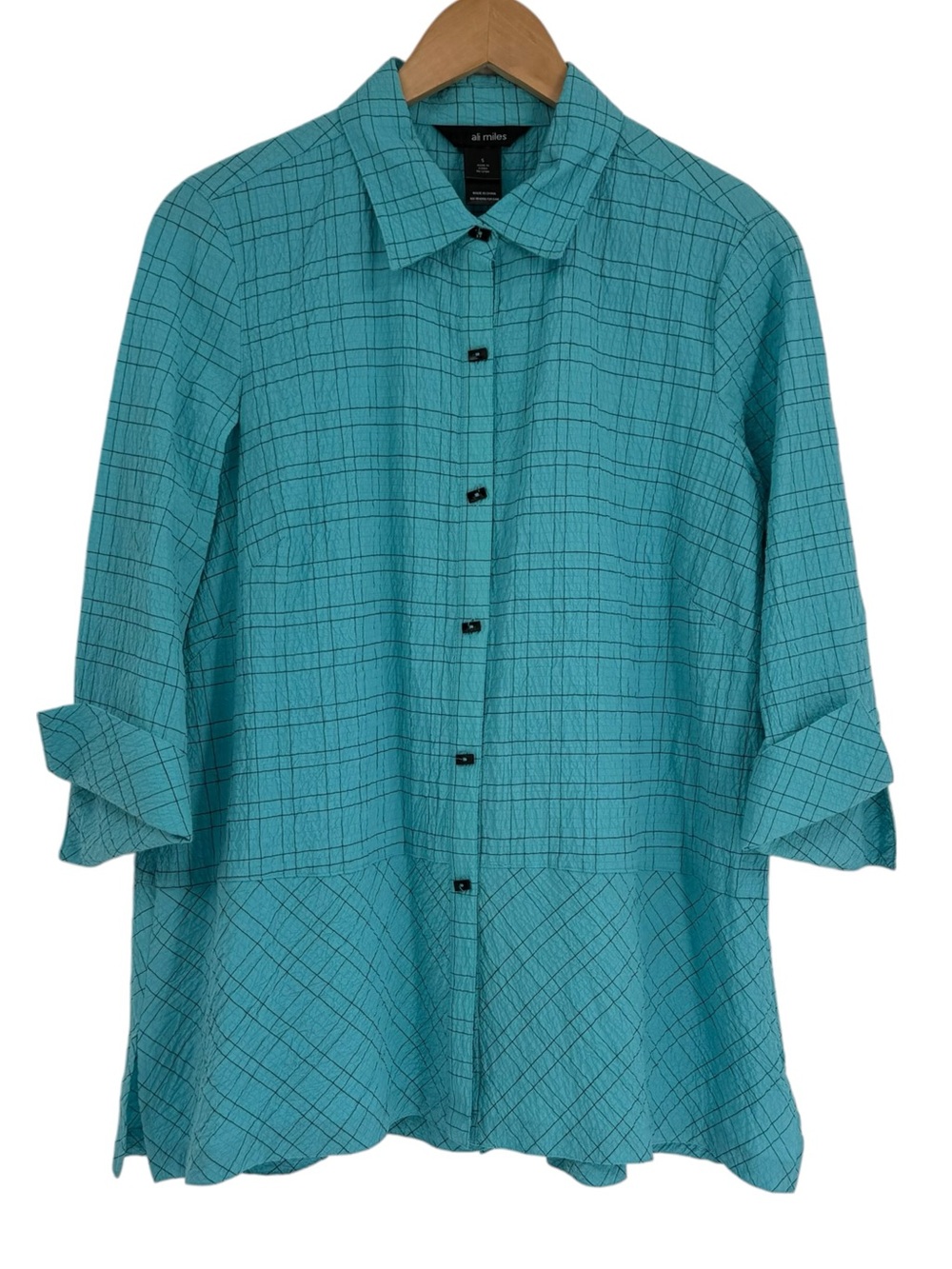 Ali Miles Top Womens Size S Blue-green Black Plaid Crinkle Artsy Button Up